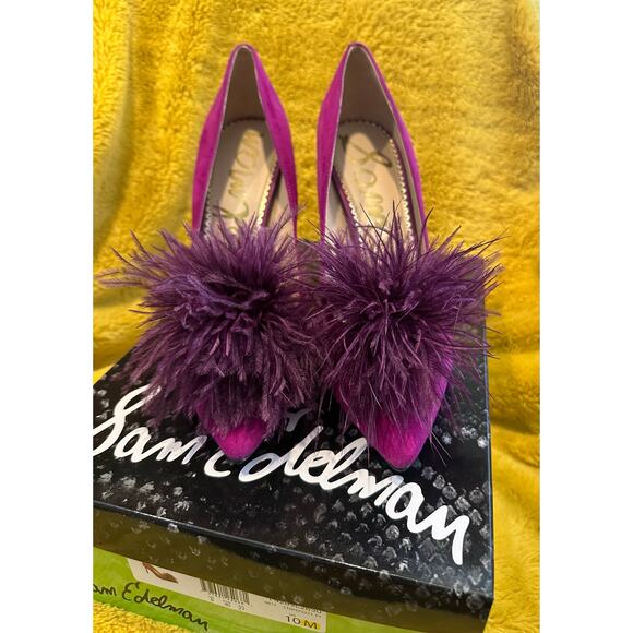 Sam Edelman Haide Fuchsia Feather Suede Leather Pom Pom Stiletto Pumps Heels 10M - Picture 1 of 12
